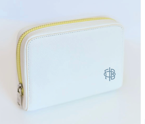 Gamma Phi Beta Insulated Cosmetic Clutch White with Once In A Blue Moon Insignia